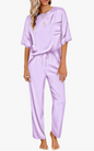 Womens Satin Silky Pajama Set Short Sleeve Shirt with Long Pajama Pant Set Soft PJ Loungewear