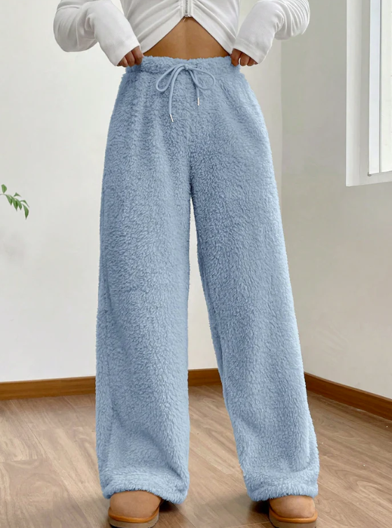 Women'S Solid Color High Waist Drawstring Fluffy Wide Leg Loose Pants