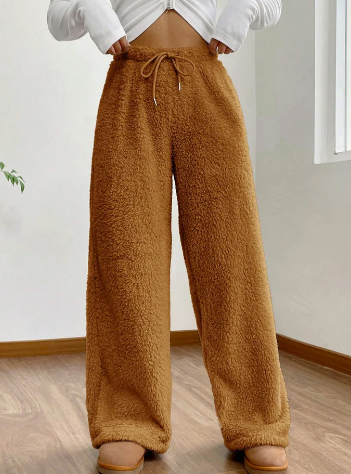 Women'S Solid Color High Waist Drawstring Fluffy Wide Leg Loose Pants