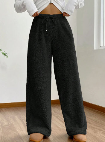 Women'S Solid Color High Waist Drawstring Fluffy Wide Leg Loose Pants