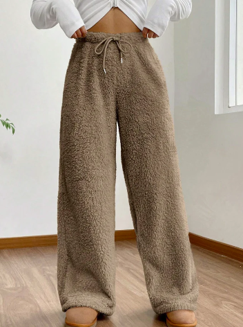 Women'S Solid Color High Waist Drawstring Fluffy Wide Leg Loose Pants