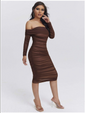 Ruffled Off-Shoulder Mesh Brown Tight Sexy Dress