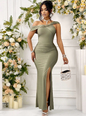 One Shoulder Solid Ruched Slit Thigh Formal Dress Asymmetrical Button Mermaid