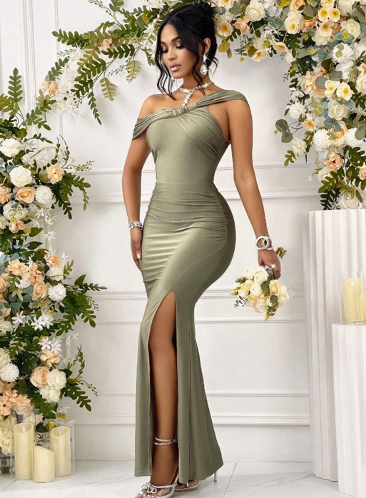 One Shoulder Solid Ruched Slit Thigh Formal Dress Asymmetrical Button Mermaid