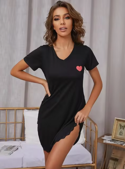 Sexy Sleepwear Women Lace Hem Nightdress V-neck Short Sleeve Pajamas Nighties Nightgown Nightwear Side Split Skirt Basic Pajama Set Pyjamas Pjs Comfort Homewear Lady Womenswear Loungewear Minimalist Shortsleeve Vneck