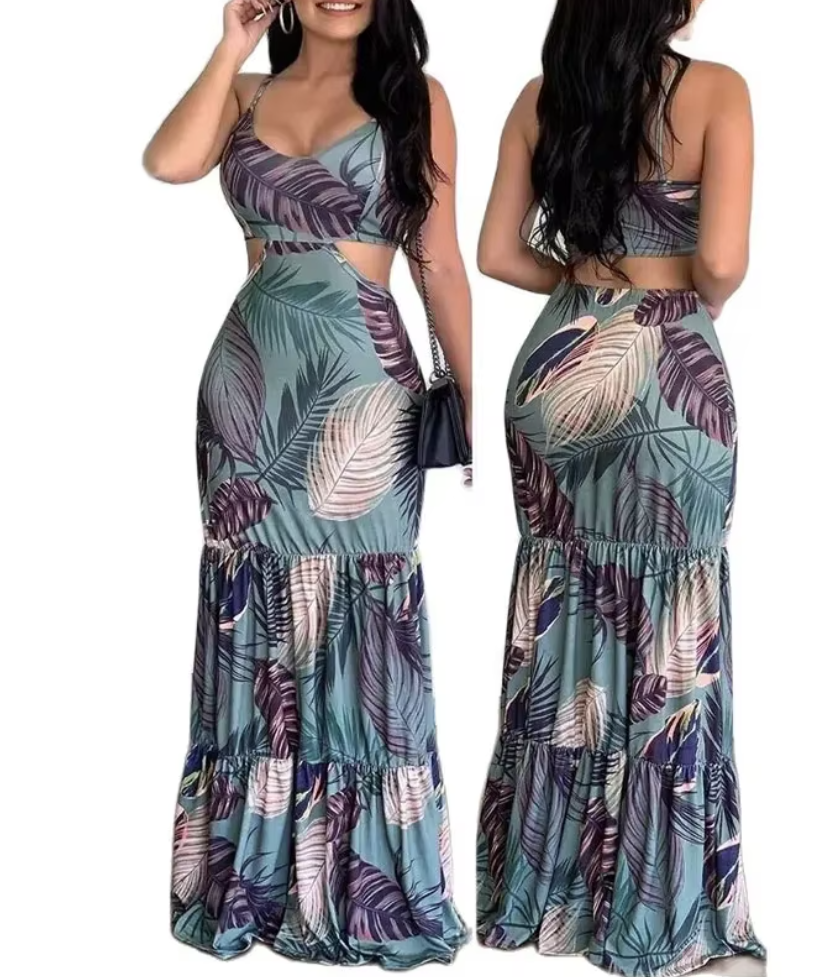 Women's Summer New Elegant Print Fashion Floral Sexy Backless Boho Maxi Ruffle Hollow Out Long Slim Beach Suspender Sheath Dress