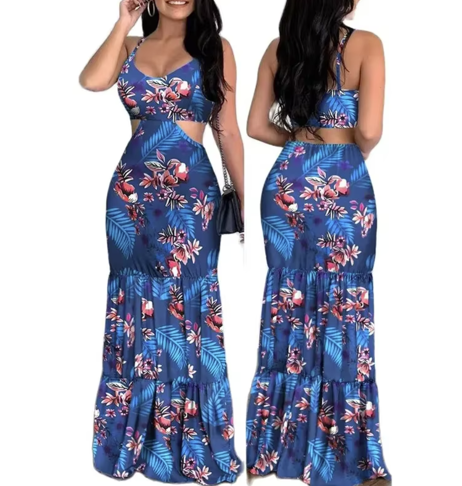 Women's Summer New Elegant Print Fashion Floral Sexy Backless Boho Maxi Ruffle Hollow Out Long Slim Beach Suspender Sheath Dress