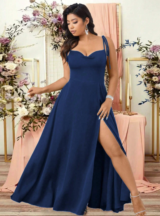 Plus Size V-Neck Side Slit Long Elegant Cami Maxi Dress
