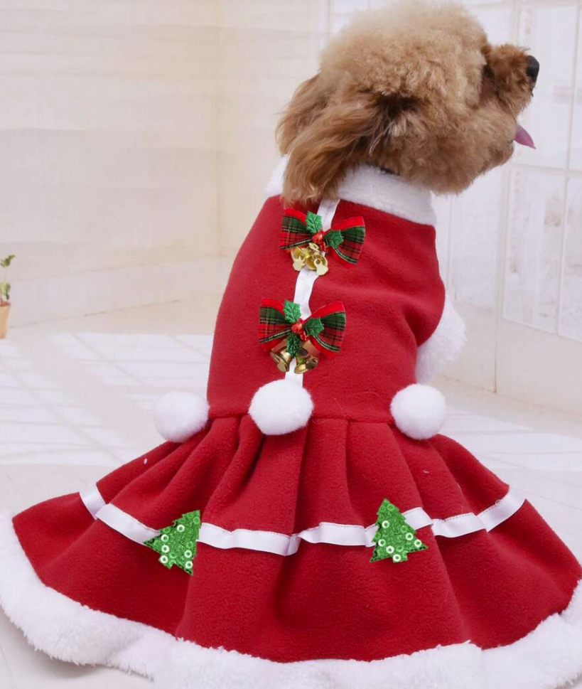 Pet Christmas Lace Bell Dress, Soft Plush Puppy Cat Holiday Costume, Warm Festive Outfit For Dogs & Cats