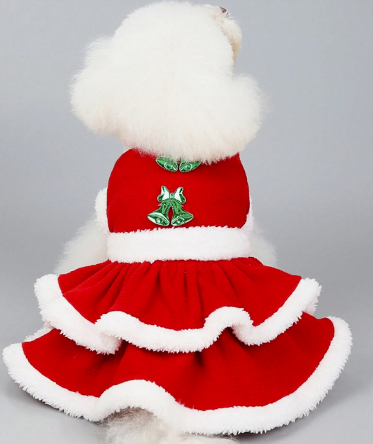 Pet Christmas Lace Bell Dress, Soft Plush Puppy Cat Holiday Costume, Warm Festive Outfit For Dogs & Cats