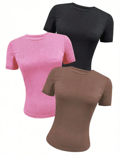 Women Fashionable Solid Color Ribbed Slim Fit Short Sleeve T-Shirt