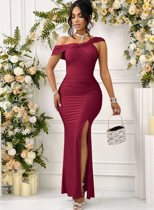 One Shoulder Solid Ruched Slit Thigh Formal Dress Asymmetrical Button Mermaid