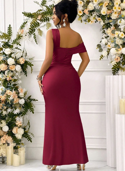 One Shoulder Solid Ruched Slit Thigh Formal Dress Asymmetrical Button Mermaid