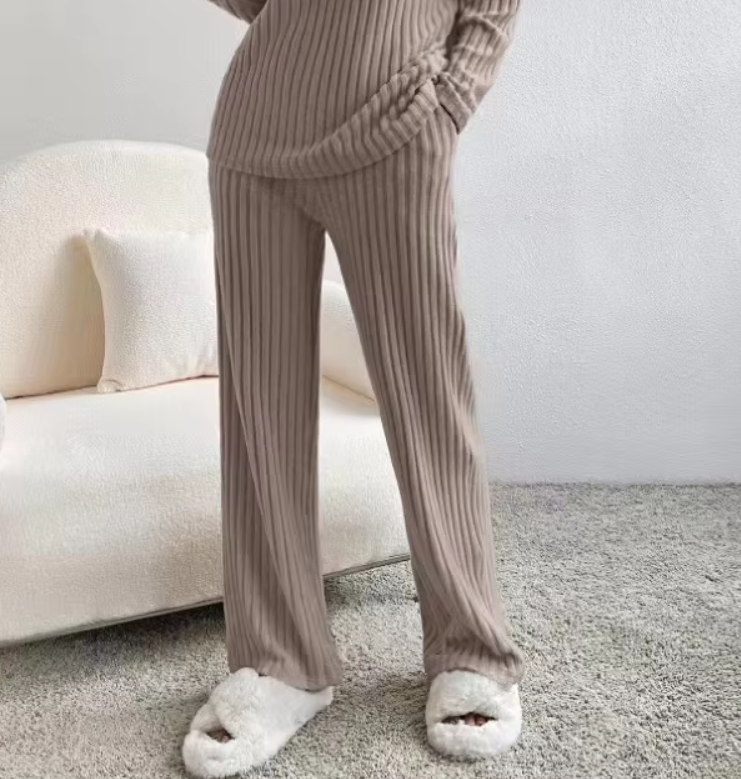 Casual Sets for Women 2 Pieces Autumn New Loungewear Loose V-Neck Long Sleeve Top and Pit Strip Knitted Straight Pants Suit Trouser Comfort Lady Overalls Womenswear