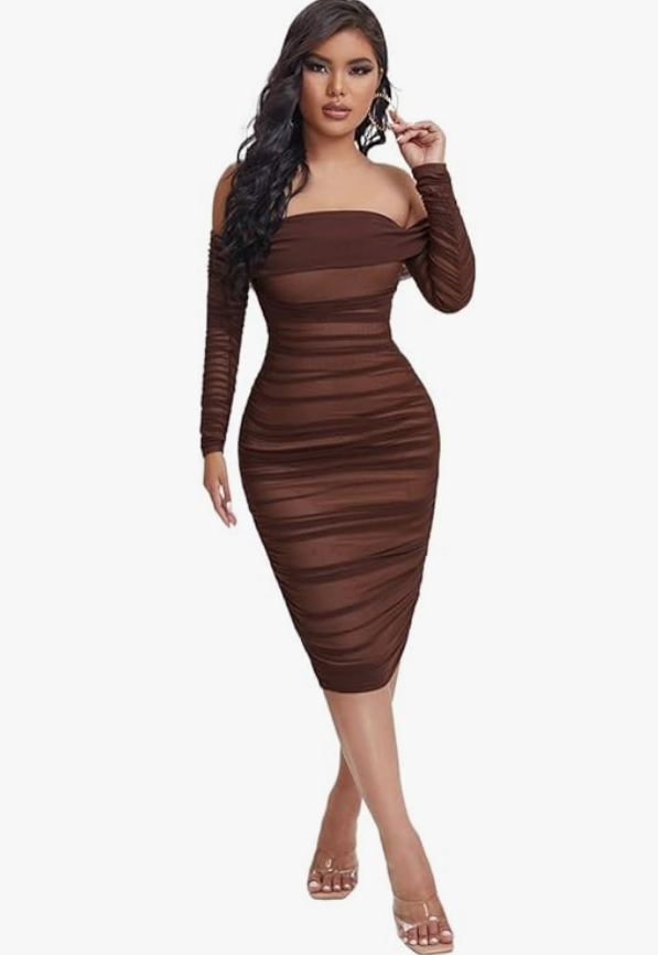 Ruffled Off-Shoulder Mesh Brown Tight Sexy Dress
