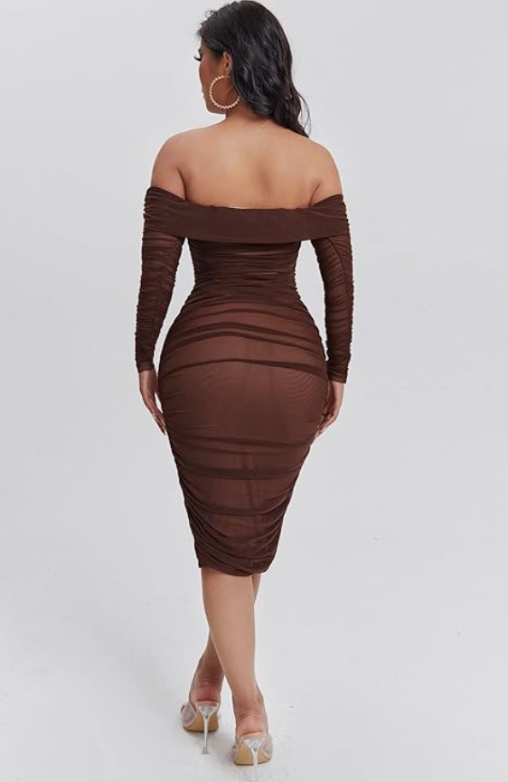 Ruffled Off-Shoulder Mesh Brown Tight Sexy Dress