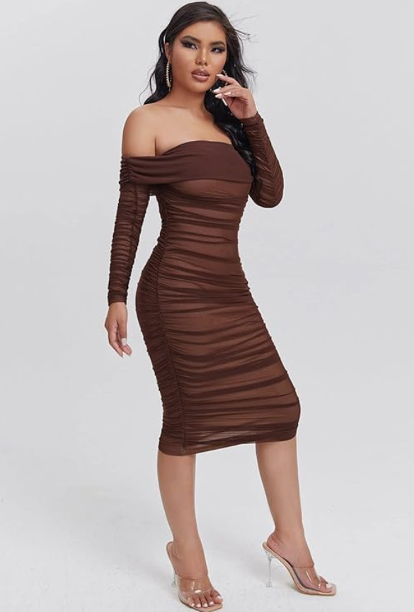 Ruffled Off-Shoulder Mesh Brown Tight Sexy Dress
