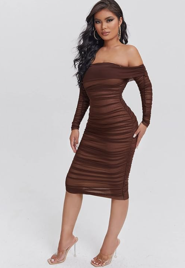 Ruffled Off-Shoulder Mesh Brown Tight Sexy Dress