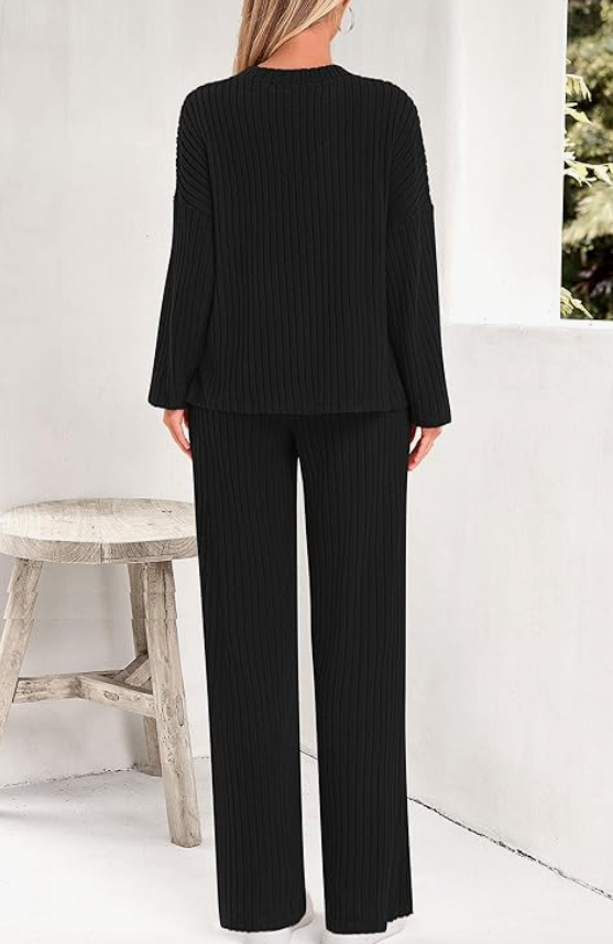 Casual 2 Pieces Loungewear Loose V-Neck Long Sleeve and Knitted Straight Pants