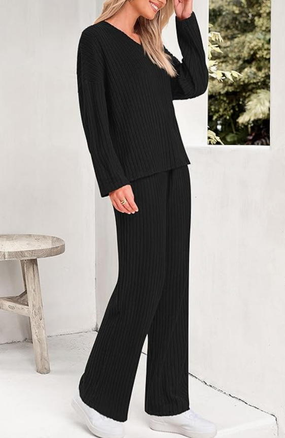 Casual 2 Pieces Loungewear Loose V-Neck Long Sleeve and Knitted Straight Pants
