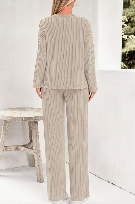 Casual 2 Pieces Loungewear Loose V-Neck Long Sleeve and Knitted Straight Pants
