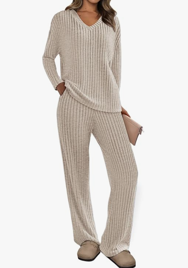 Casual 2 Pieces Loungewear Loose V-Neck Long Sleeve and Knitted Straight Pants