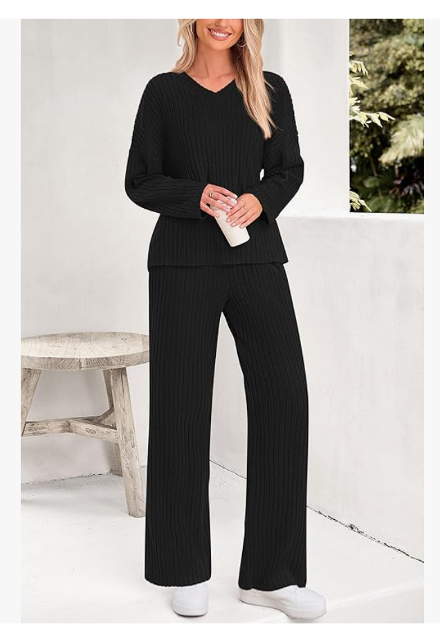 Casual 2 Pieces Loungewear Loose V-Neck Long Sleeve and Knitted Straight Pants