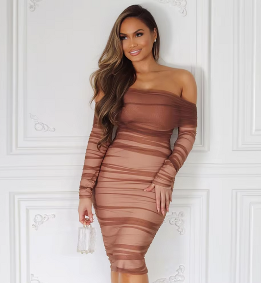Ruffled Off-Shoulder Mesh Brown Tight Sexy Dress