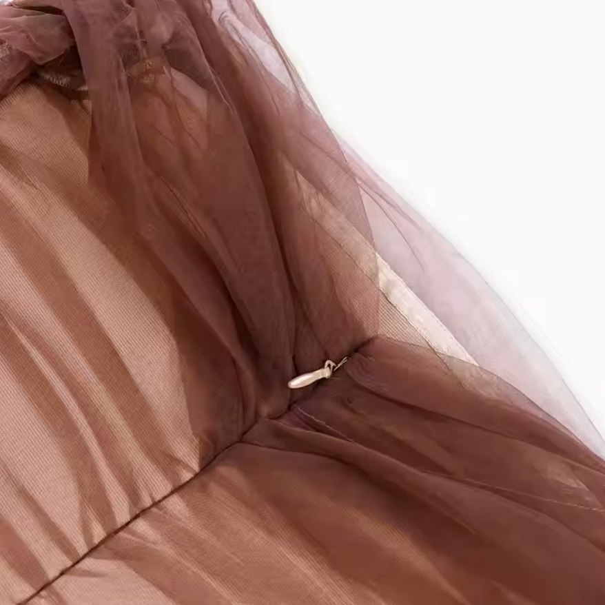 Ruffled Off-Shoulder Mesh Brown Tight Sexy Dress