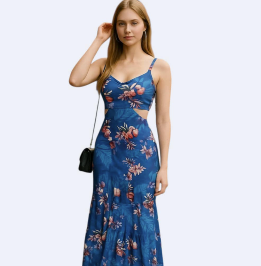 Floral Print Backless Boho Maxi Dress