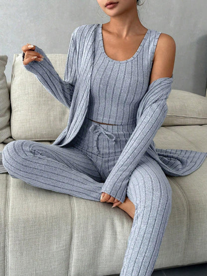 Women'S Solid Color Rib Knit Vest, Long Pants & Coat Three-Piece Set for Home Wear