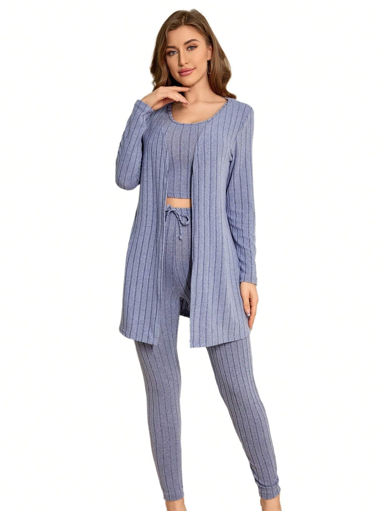 Women'S Solid Color Rib Knit Vest, Long Pants & Coat Three-Piece Set for Home Wear