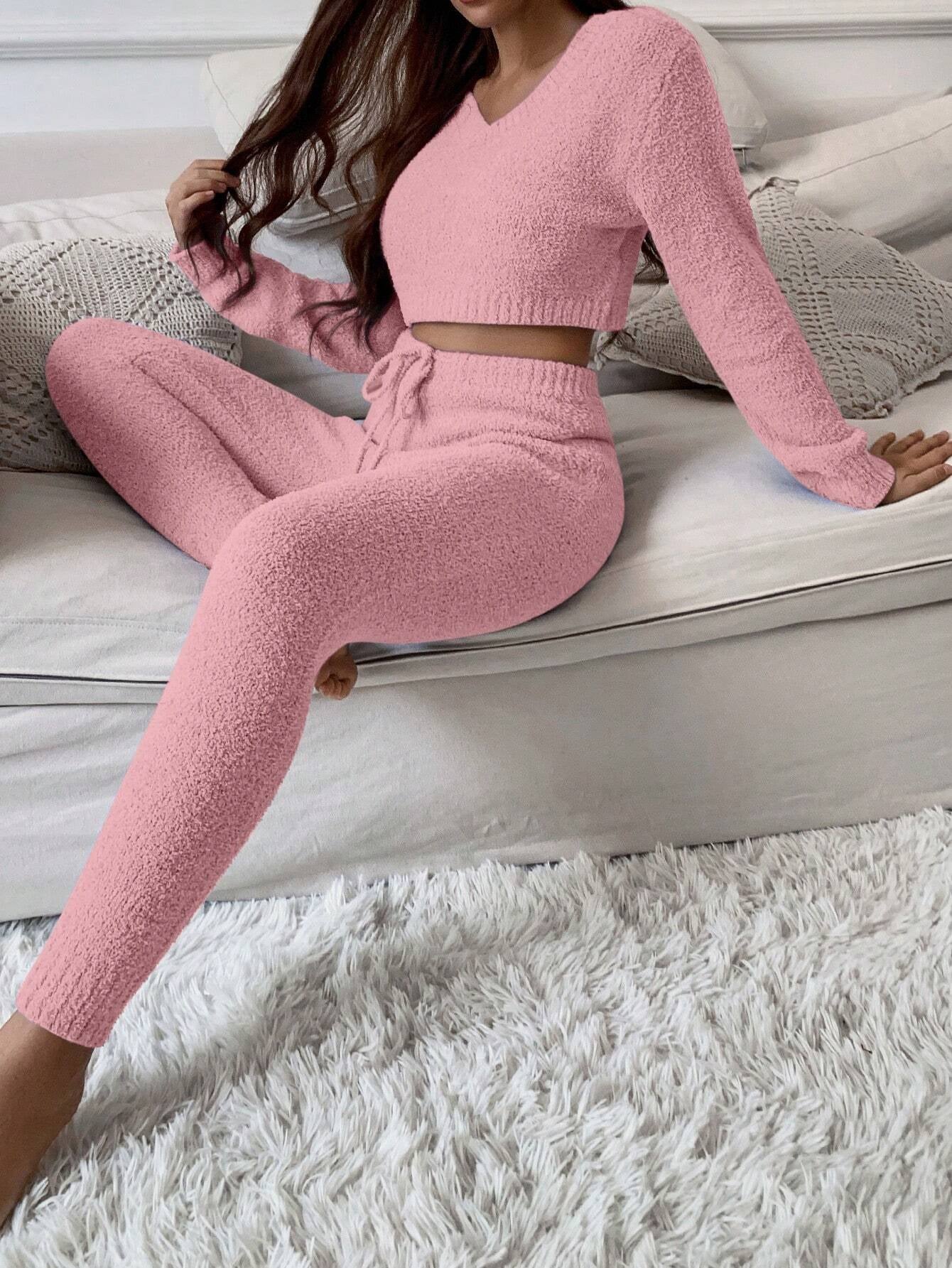 Essnce V Neck Crop Sweater & Tie Waist Knit Pants Set