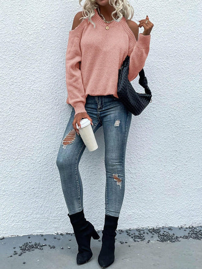 LUNE Cold Shoulder Ribbed Knit Sweater