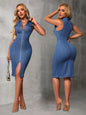 Women'S Sleeveless Denim Dress with Zipper Front