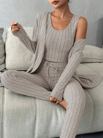 Women'S Solid Color Rib Knit Vest, Long Pants & Coat Three-Piece Set for Home Wear