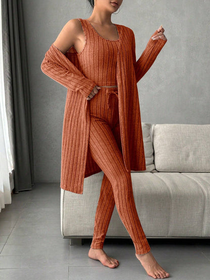 Women'S Solid Color Rib Knit Vest, Long Pants & Coat Three-Piece Set for Home Wear