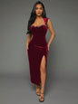 Rhinestone Detail Split Thigh Velvet Dress