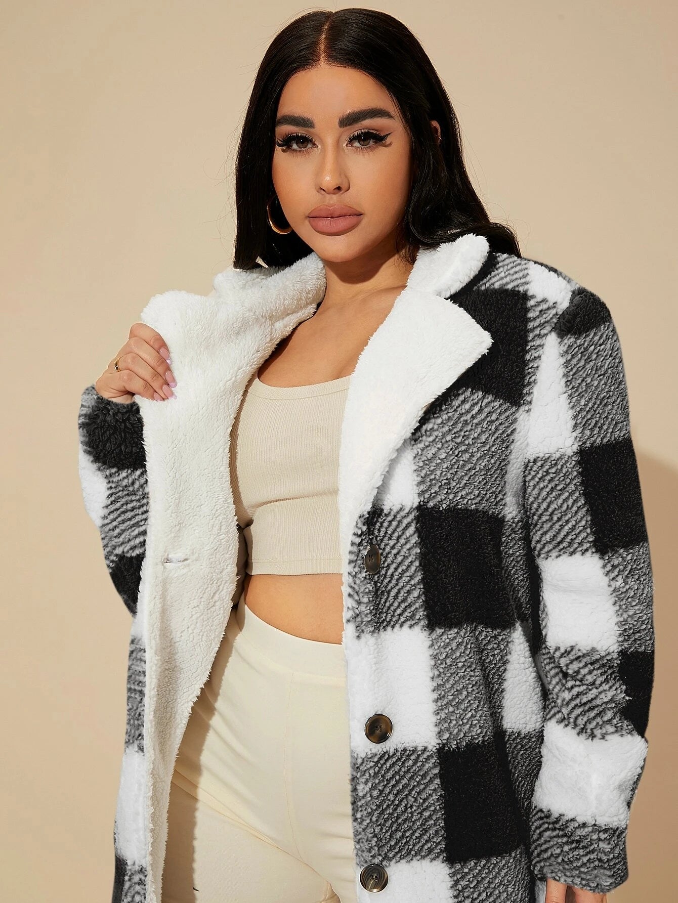 SXY Gingham Pattern Lapel Neck Flannel Coat