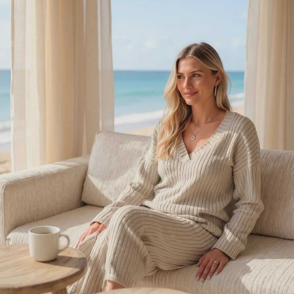 Casual 2 Pieces Loungewear Loose V-Neck Long Sleeve and Knitted Straight Pants