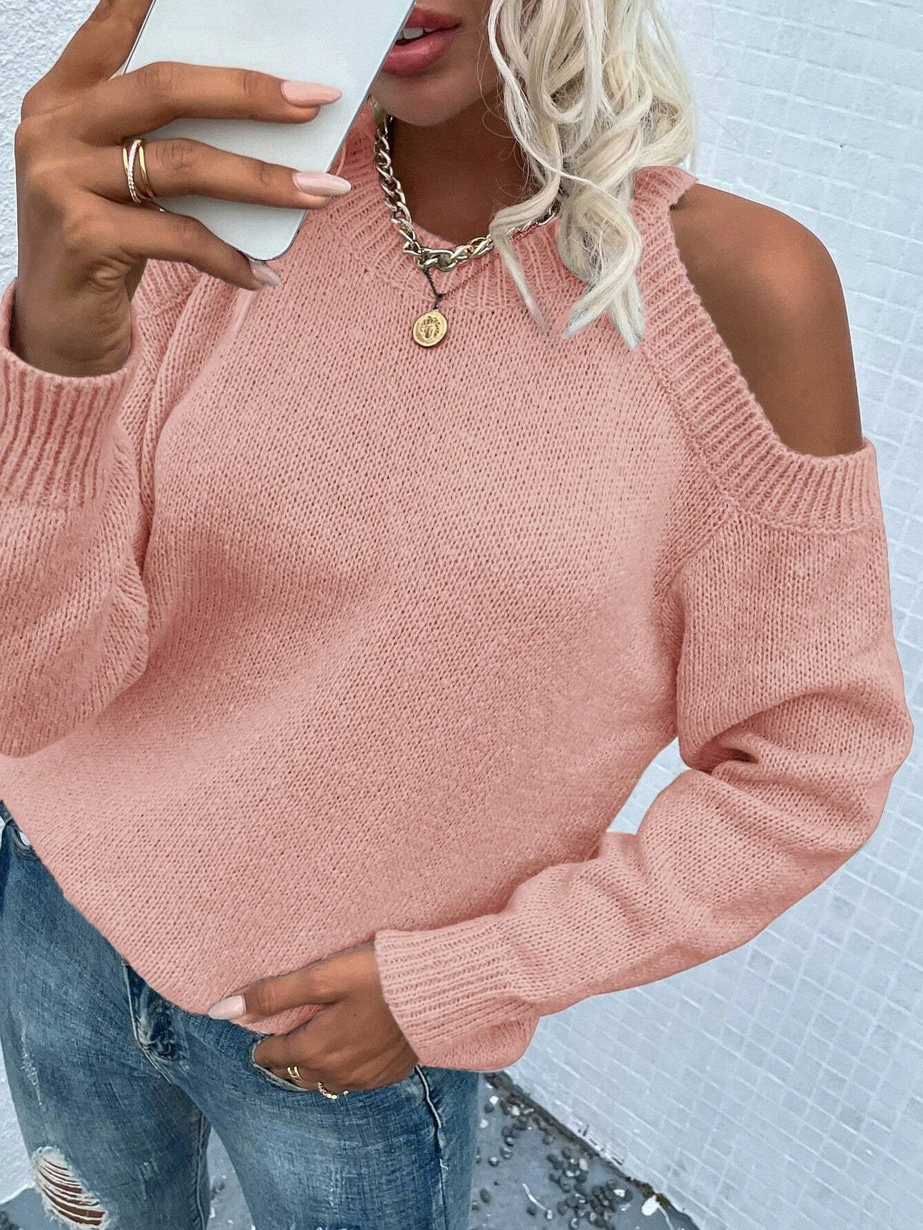 LUNE Cold Shoulder Ribbed Knit Sweater