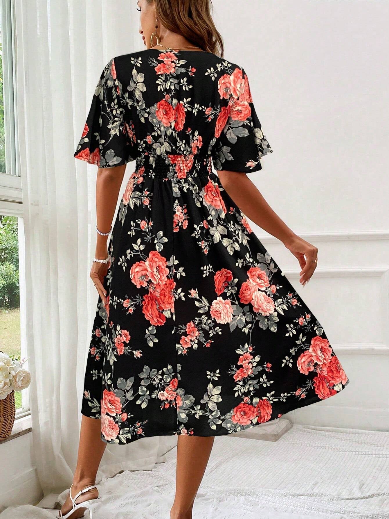 VCAY Women'S Floral Print Waist-Tie Dress