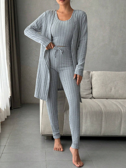 Women'S Solid Color Rib Knit Vest, Long Pants & Coat Three-Piece Set for Home Wear